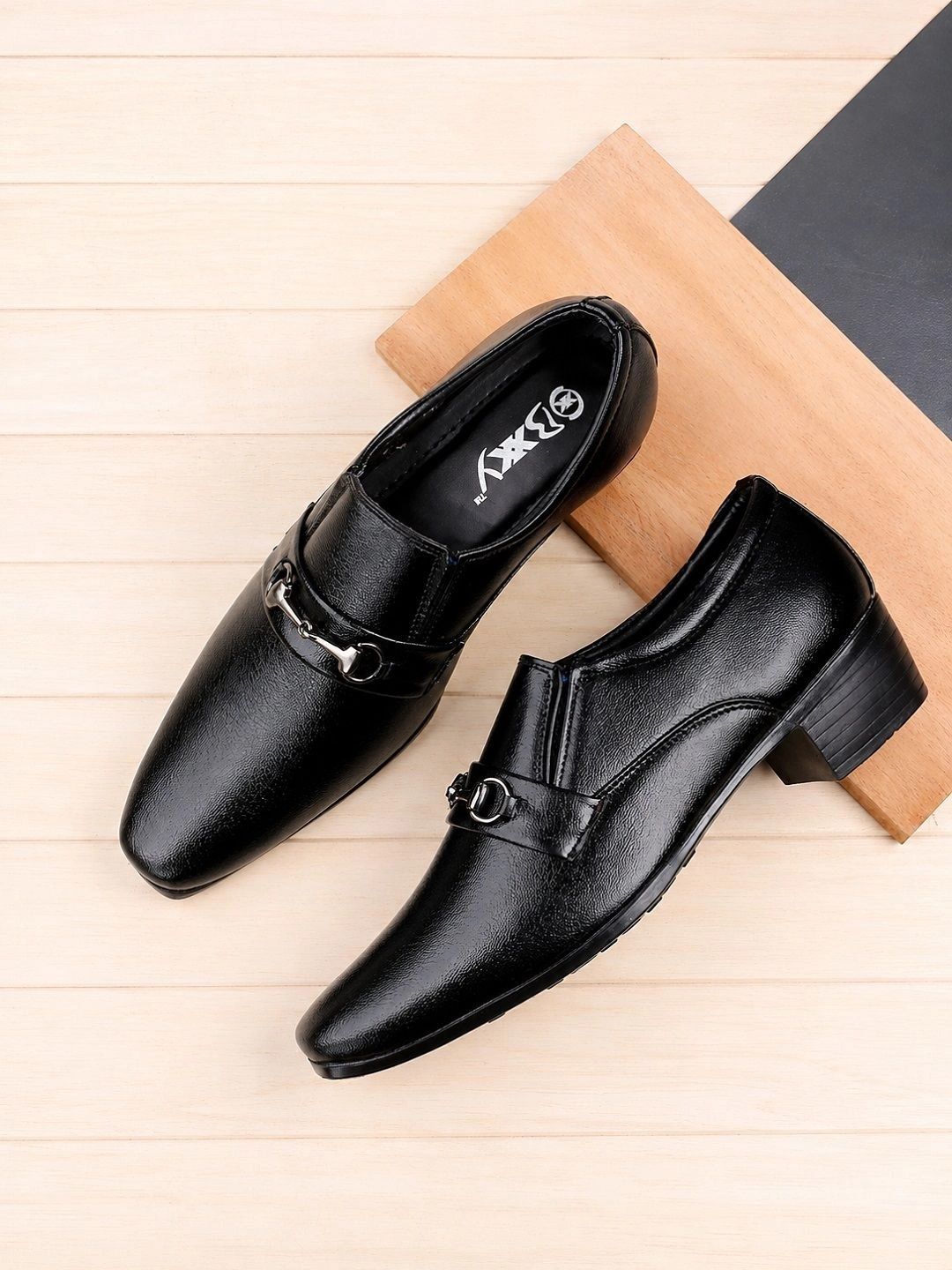 Bxxy Men Heel Height Increasing Formal Mocassin Square Toe Slip-on Buckle Shoes