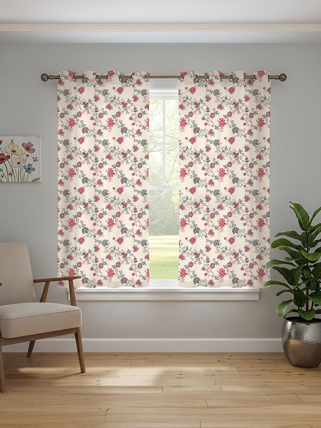 URBAN SPACE White & Blue Floral Cotton Window Curtains