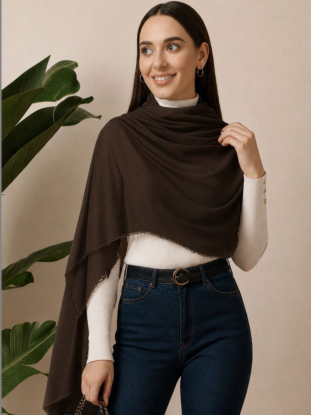 HANDICRAFT PALACE Women Brown Solid Chiffon Scarves With Lace Border