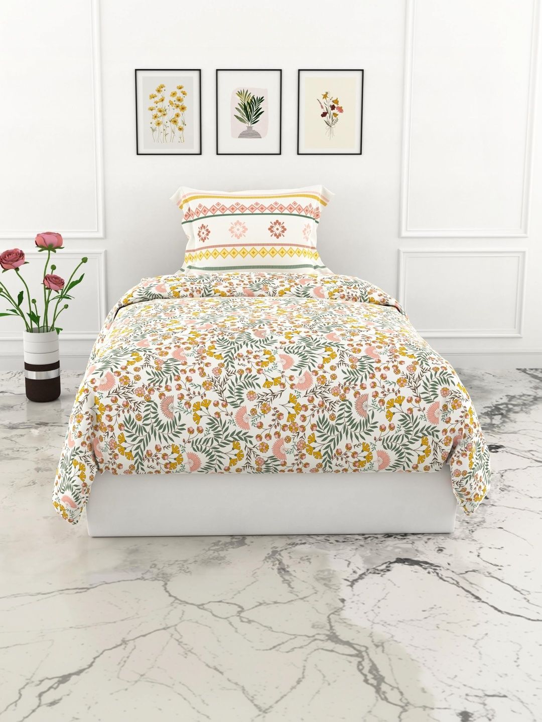 LORETO White Floral 144 TC Single Bedsheet with 1 Pillow Covers
