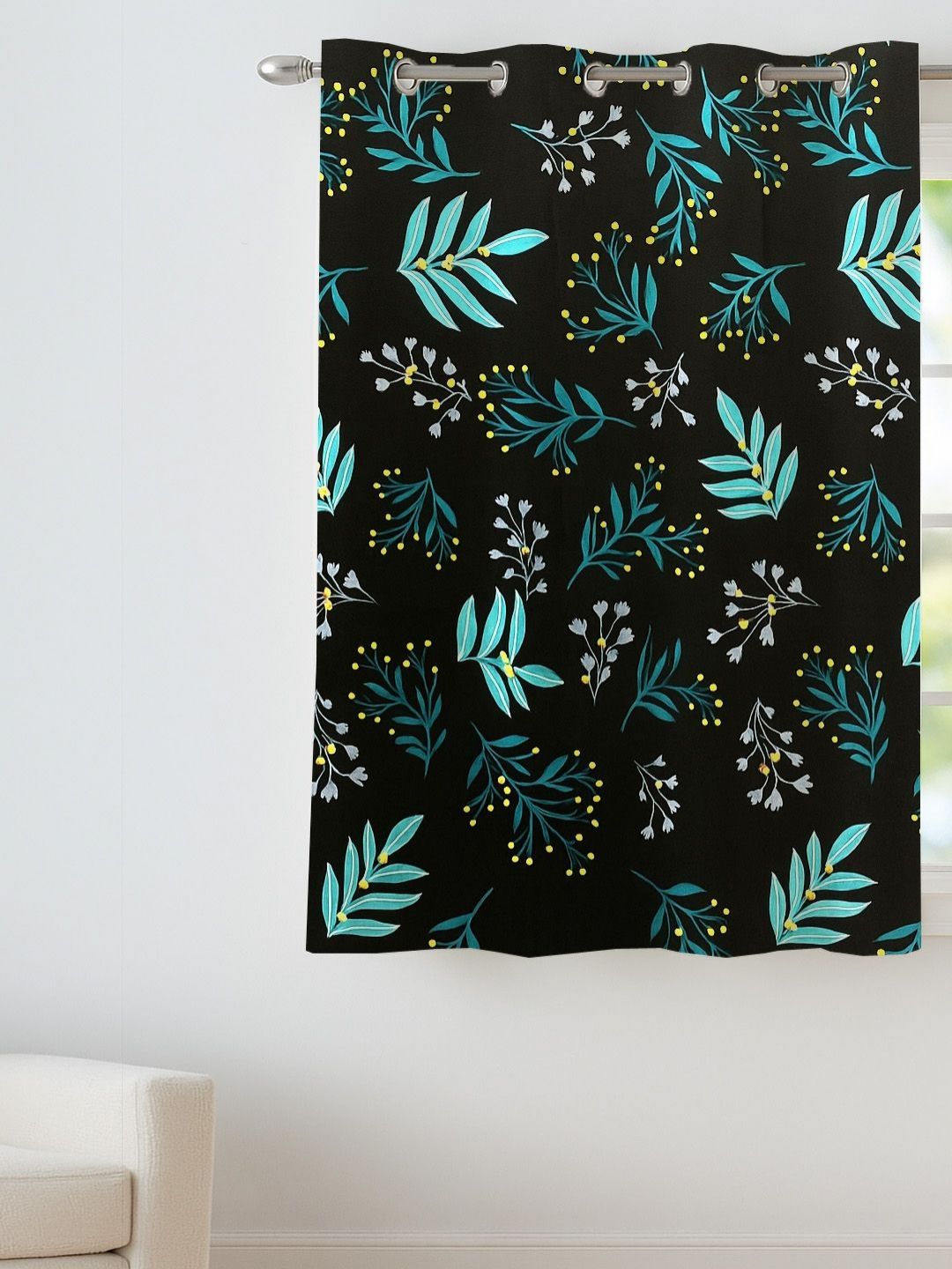 ANA Black & Turquoise Blue Floral Room Darkening Window Curtain