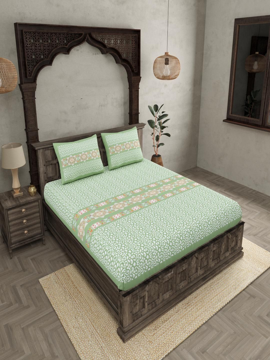 JAIPUR FABRIC Green Ethnic Motifs King Bedsheet with 2 Pillow Covers