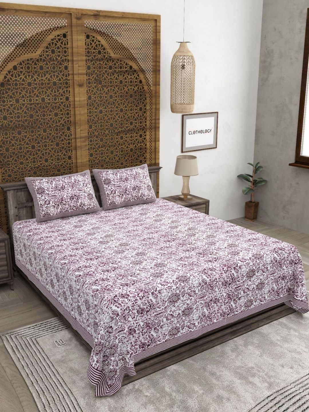 Buy CLOTHOLOGY Royal Plum Intricate Floral The Heritage Bagh Collection 180 TC Cotton King Bedsheet With 2 Pillow Cover -  - Home for Unisex
