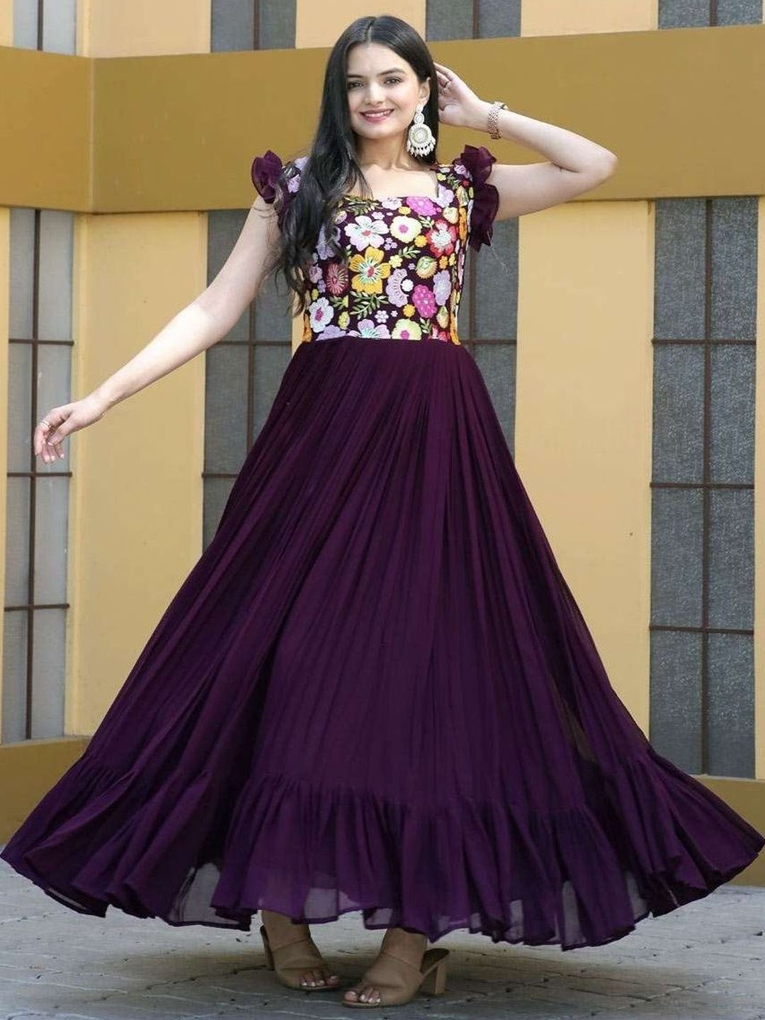 Sangria Embroidered Square Neck Fit & Flare Ethnic Dress