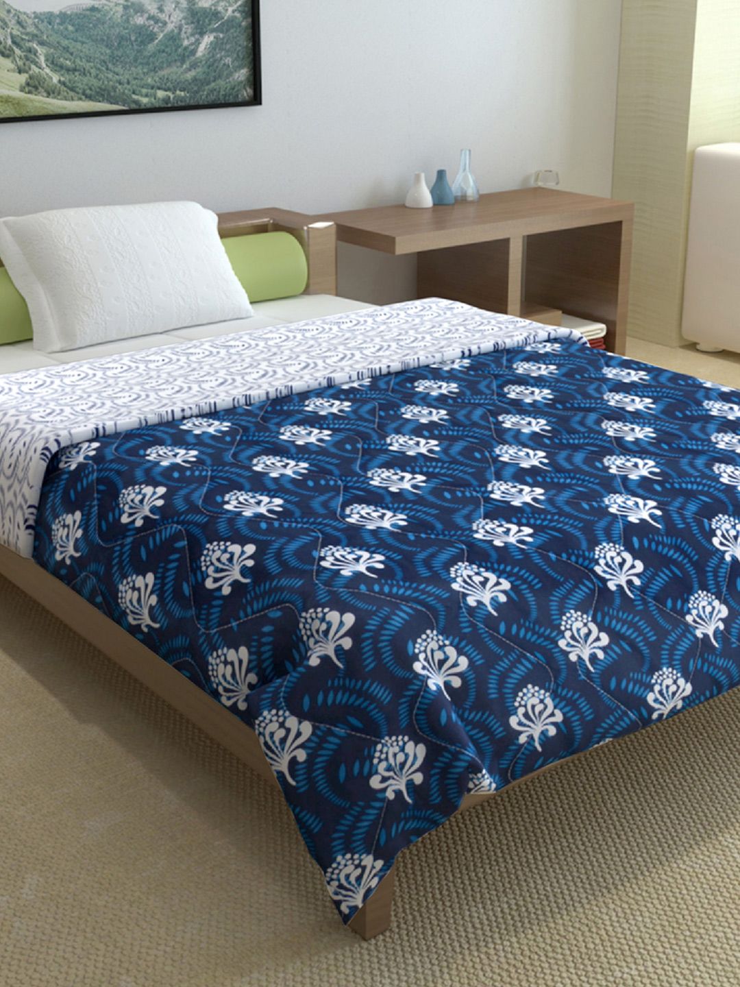 Navy Blue & White Floral Microfiber Mild Winter 120 GSM Reversible Single Bed Comforter