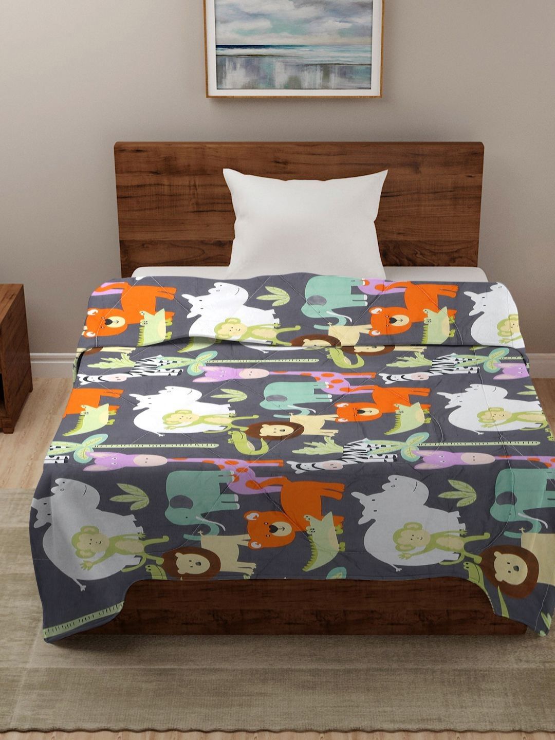 HOSTA HOMES Grey & Blue Cartoon Printed Reversible AC Room 210 GSM Single Bed Comforter