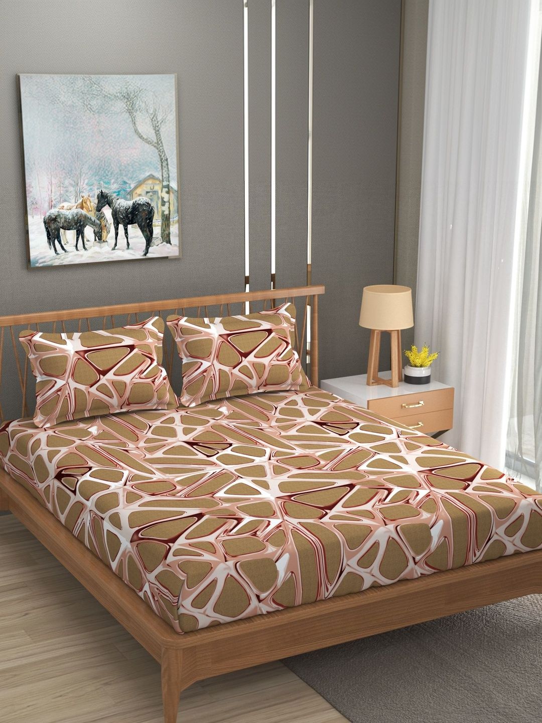 LA VERNE Brown 110 TC Bedsheet with 2 Pillow Covers