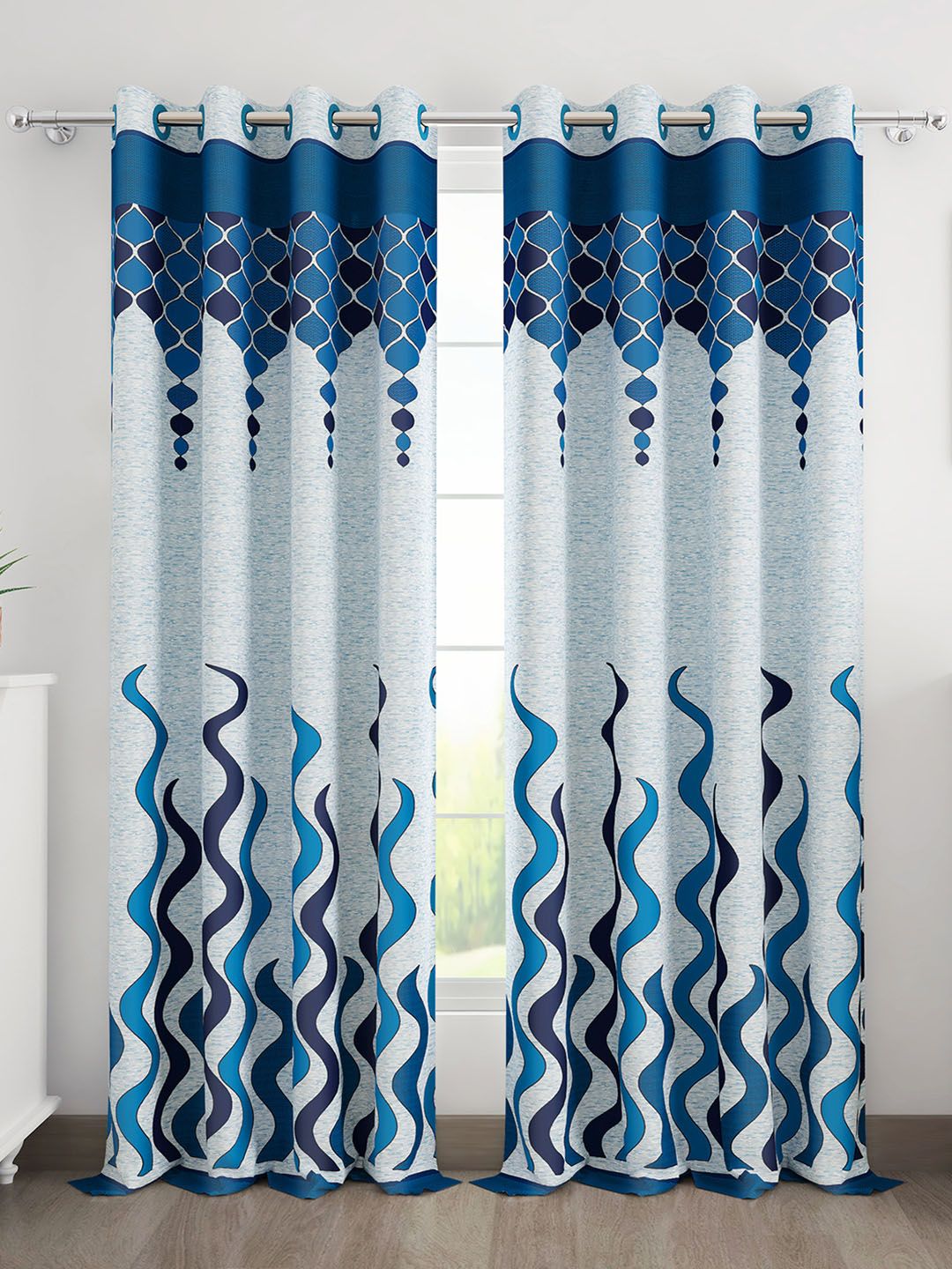 Story@home Set of 2 Blue & Grey Geometric Door Polyester Curtains