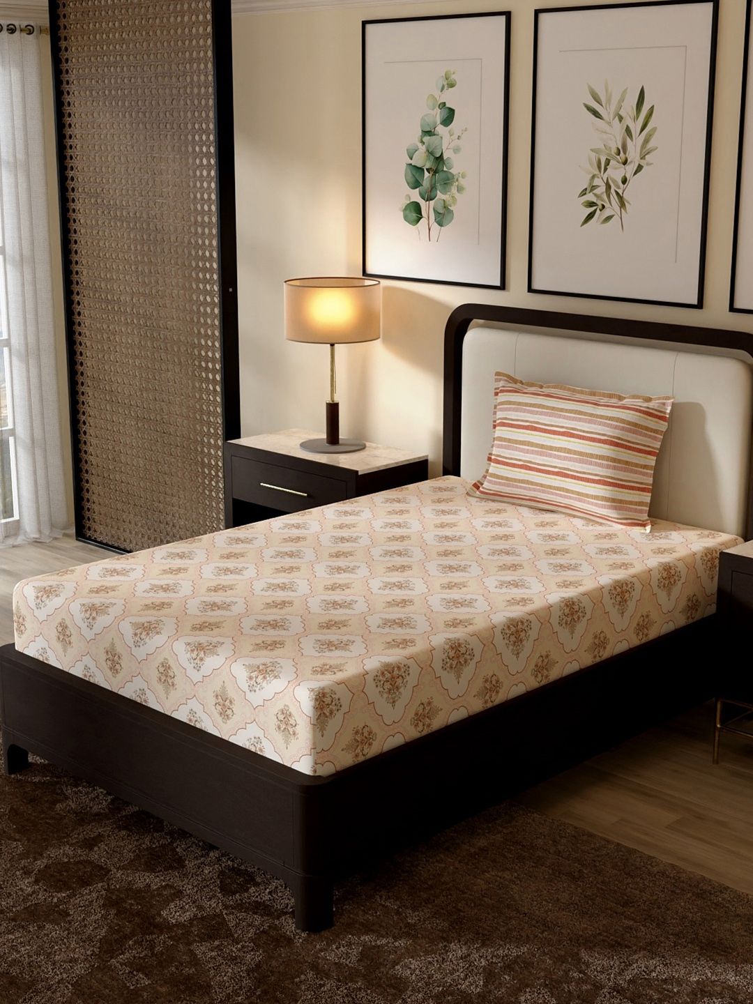 Buy Portico New York Signature Cream Coloured Floral 144 TC Single Bedsheet With 1 Pillow Covers -  - Home for Unisex
