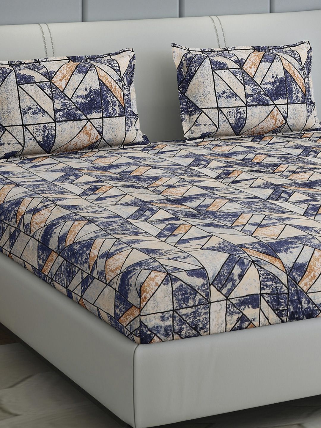Monte Carlo Navy Blue & Black Abstract Printed King Bedsheet Set 2.5 m x 2.75 m 349 GSM