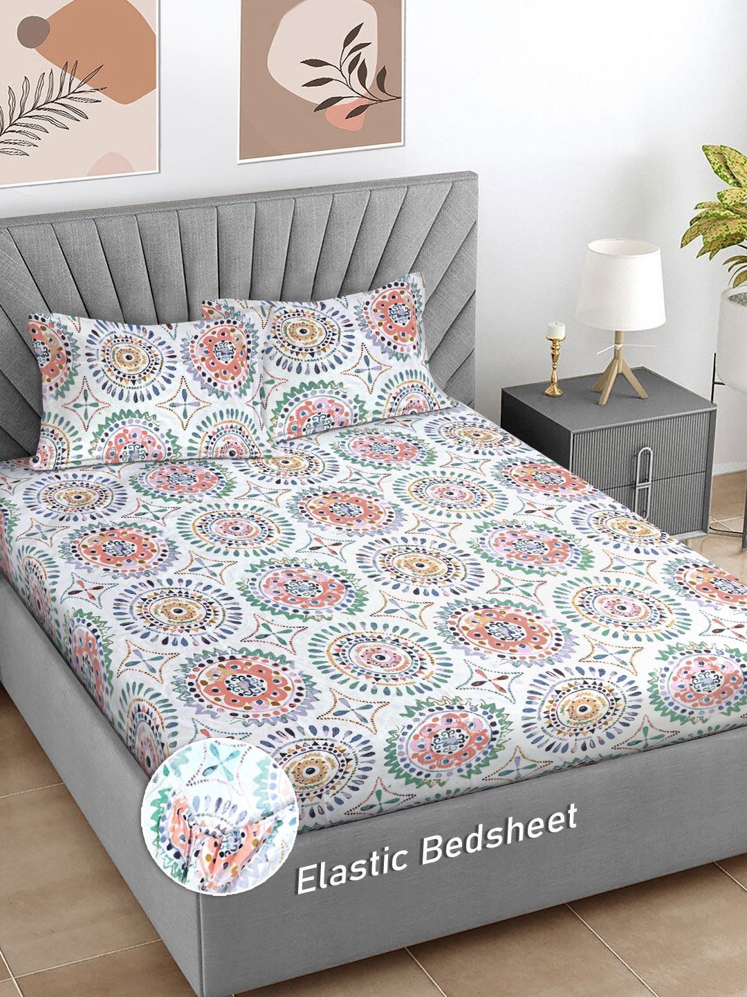 Myntra Elegant Homes White Ethnic Motifs Cotton 300 TC Fitted King Fine Bedsheet with 2 Pillow Covers-106 x 106 inches