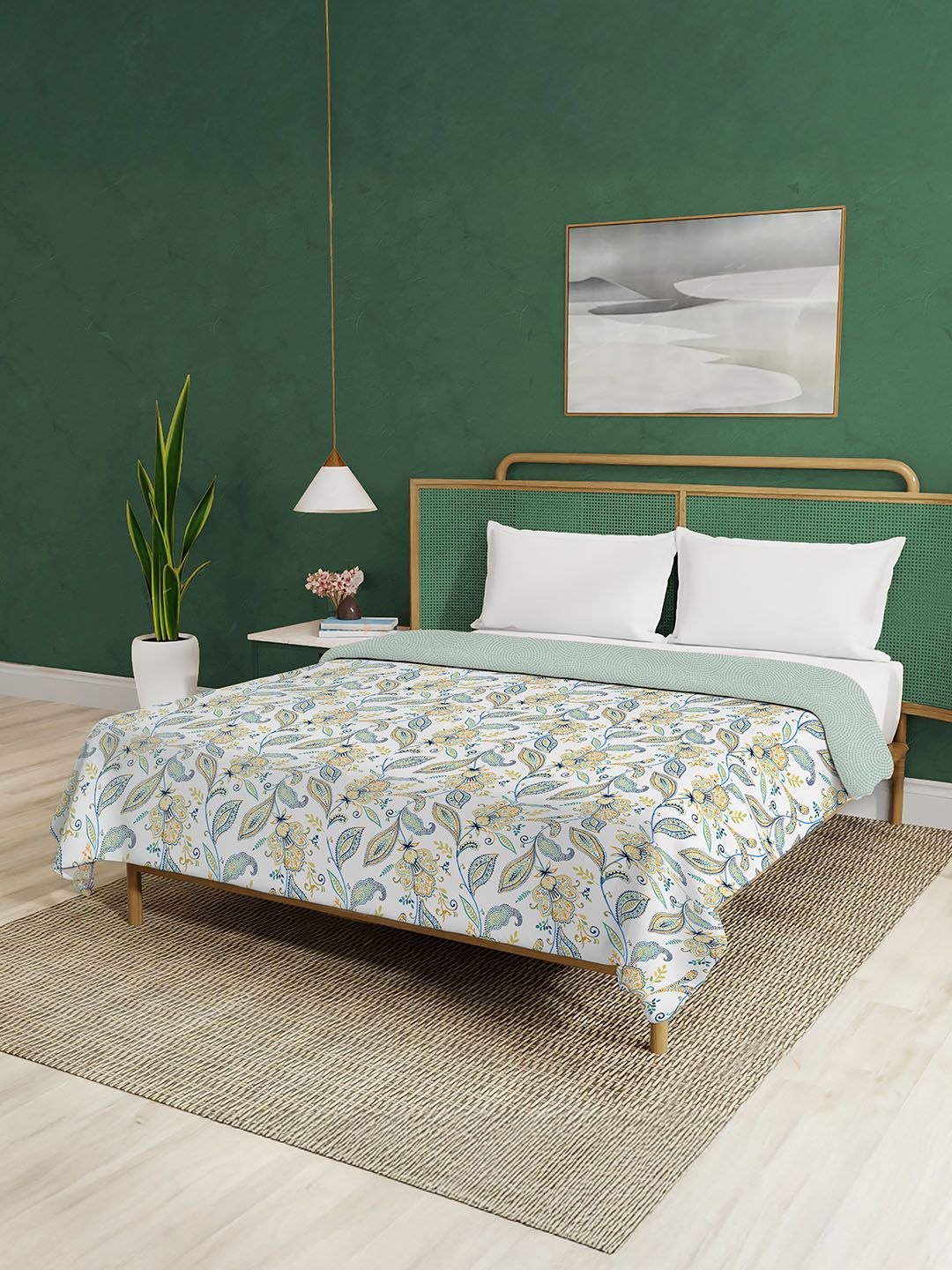 URBAN SPACE Blue & White Floral AC Room Double Bed Dohar