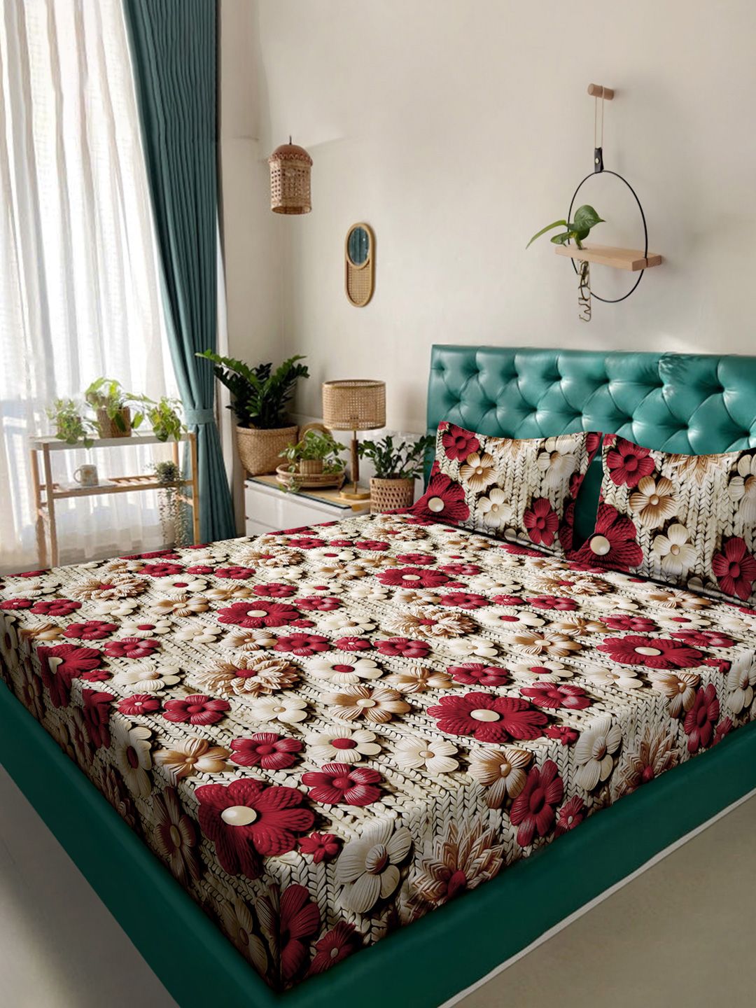 KLOTTHE Beige Floral Printed 300TC King 7D Bedsheet With 2 Pillow Covers-2.50mx2.25m