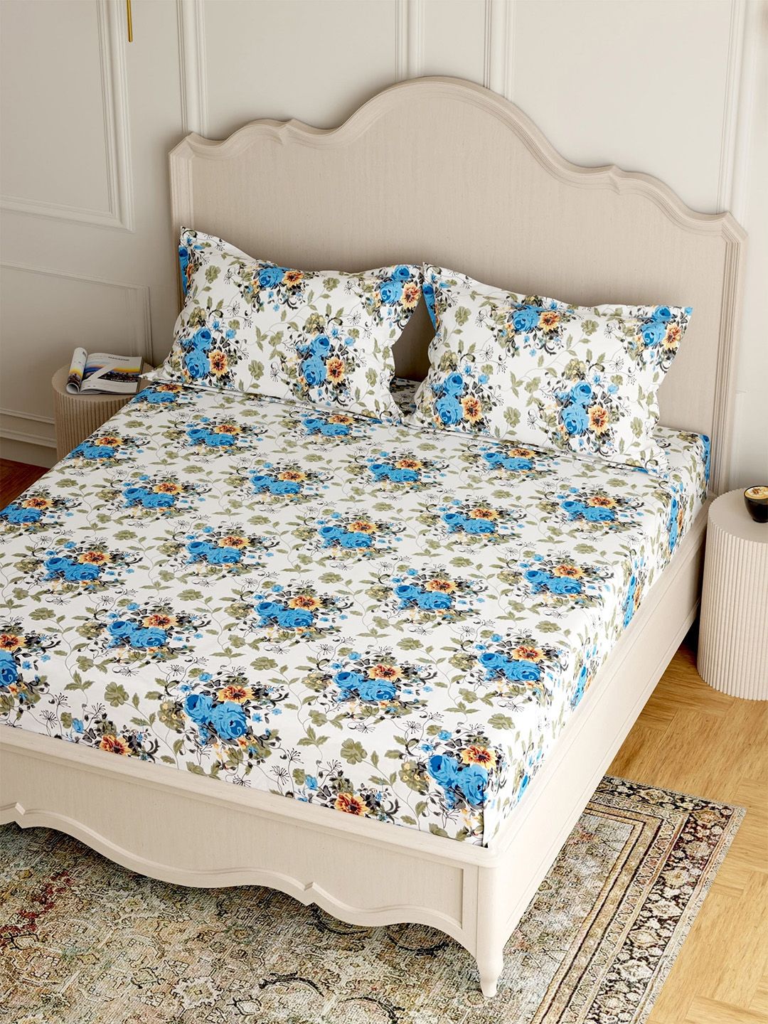 Buy Pure Decor White Floral 180 TC King Elastic Fitted Double Bedsheet With 2 Pillow Covers -  - Home for Unisex