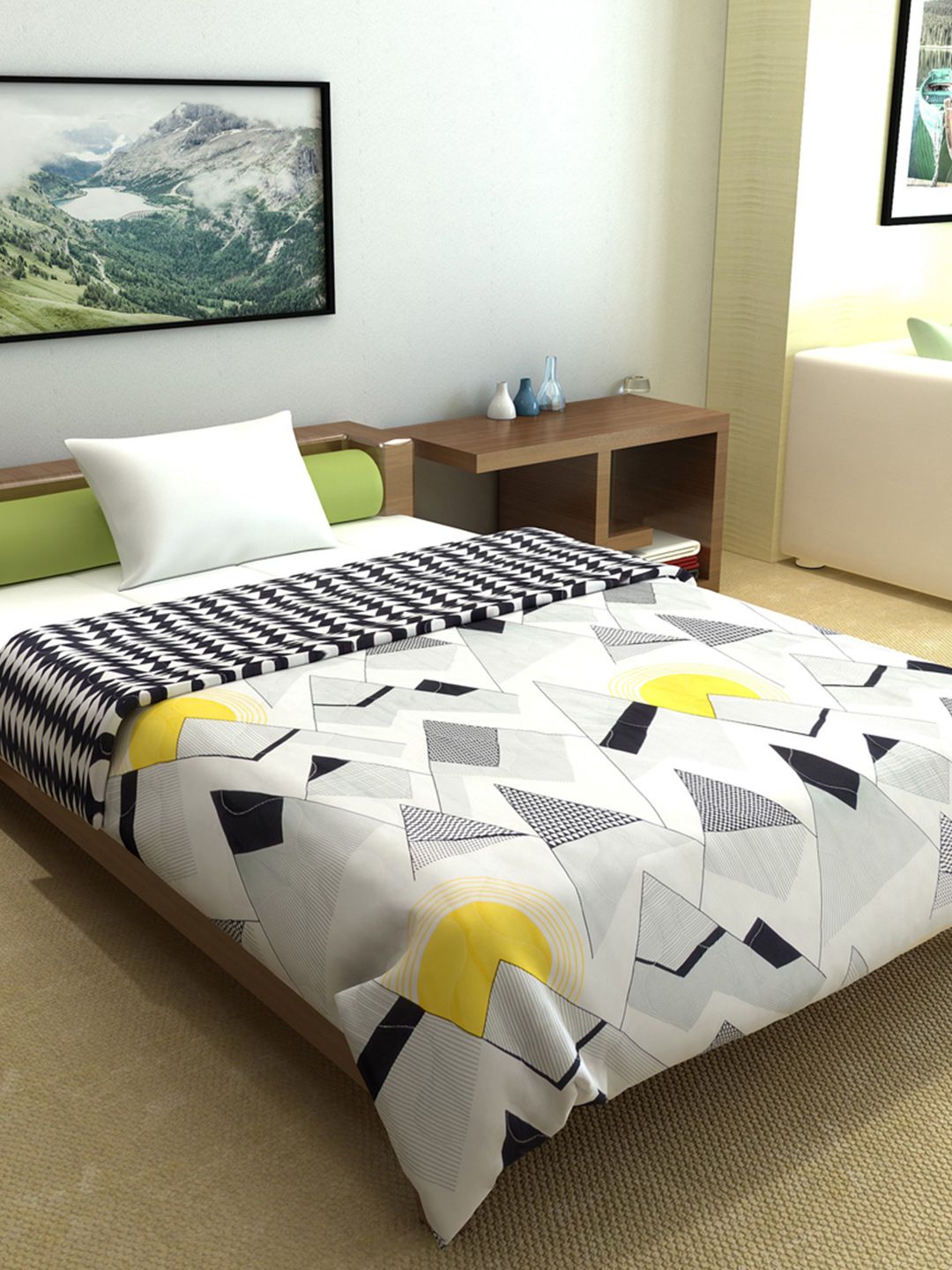 White & Black Geometric Microfiber Mild Winter 120 GSM Reversible Single Bed Comforter