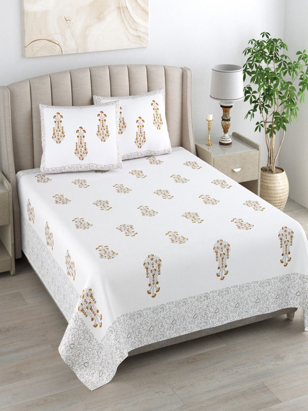 Myntra Elegant Homes Jaipuri White Floral Pure Cotton 180 TC King Fine Bedsheet with 2 Pillow Covers-108 x 100 inches