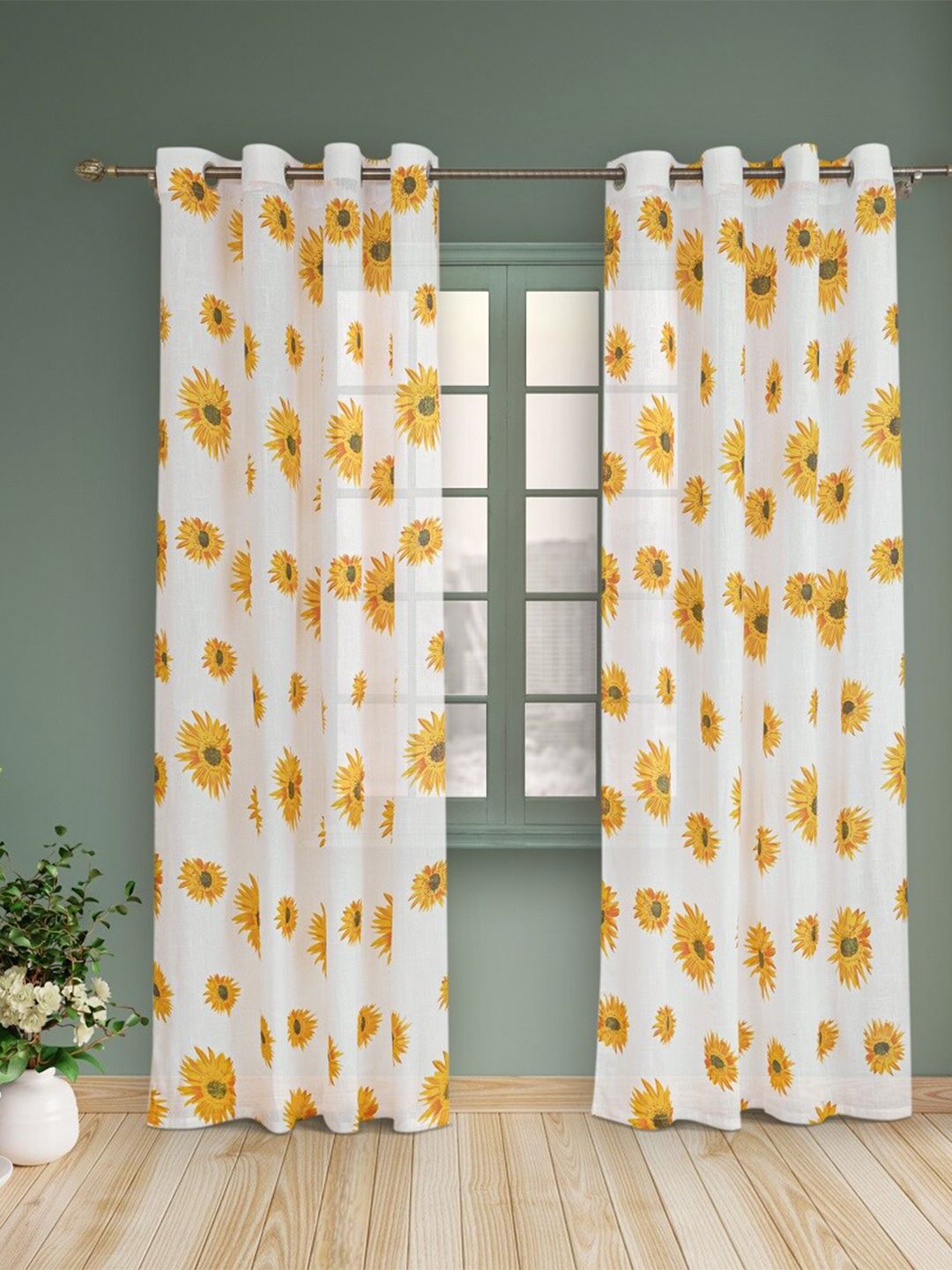 HOMEMONDE Yellow & White 2 Pieces Floral Sheer Cotton Long Door Curtains