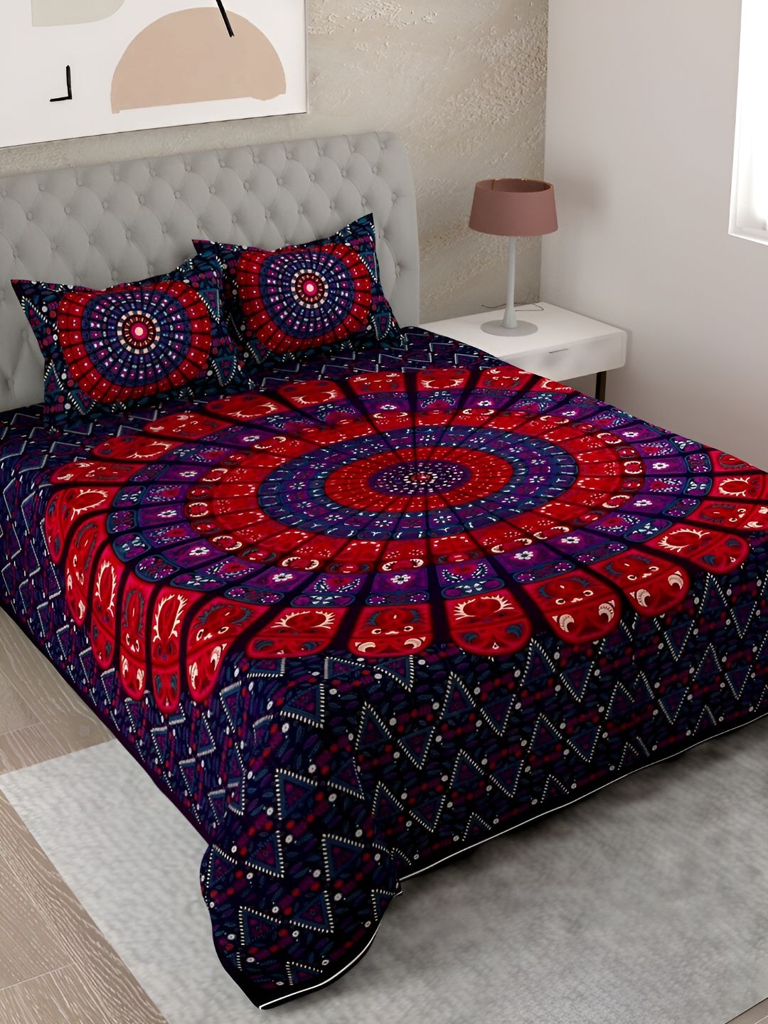 Buy Aura Badmeri Purple Ethnic Motifs Pure Cotton 144 TC King Bedsheet With 2 Pillow Covers 106 X 89 Inches -  - Home for Unisex
