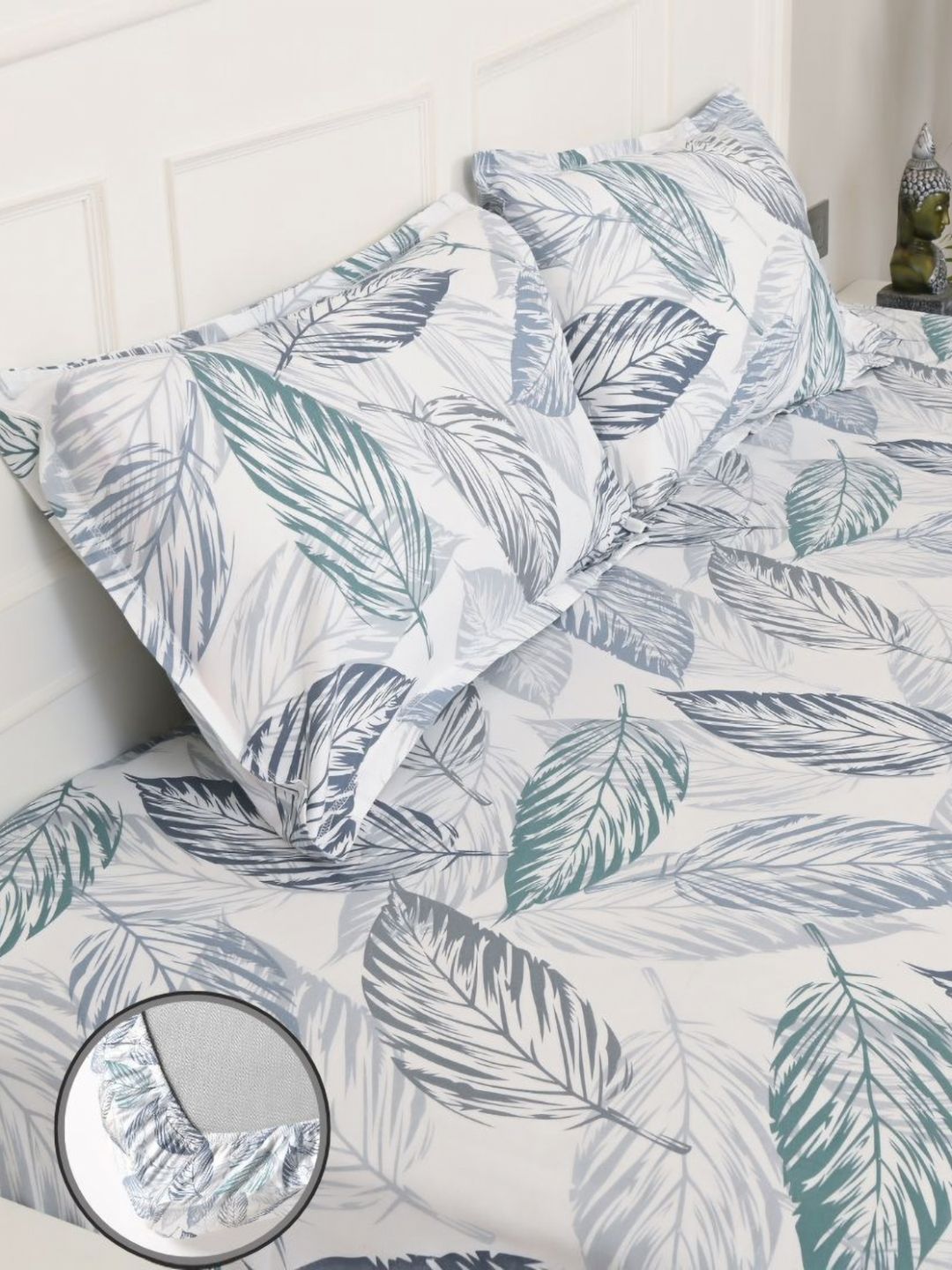 Jaipur Weaves Exotica Blue Leaf Cotton 240 TC Fitted King Fine Bedsheet with 2 Pillow Covers-72 x 78 inches