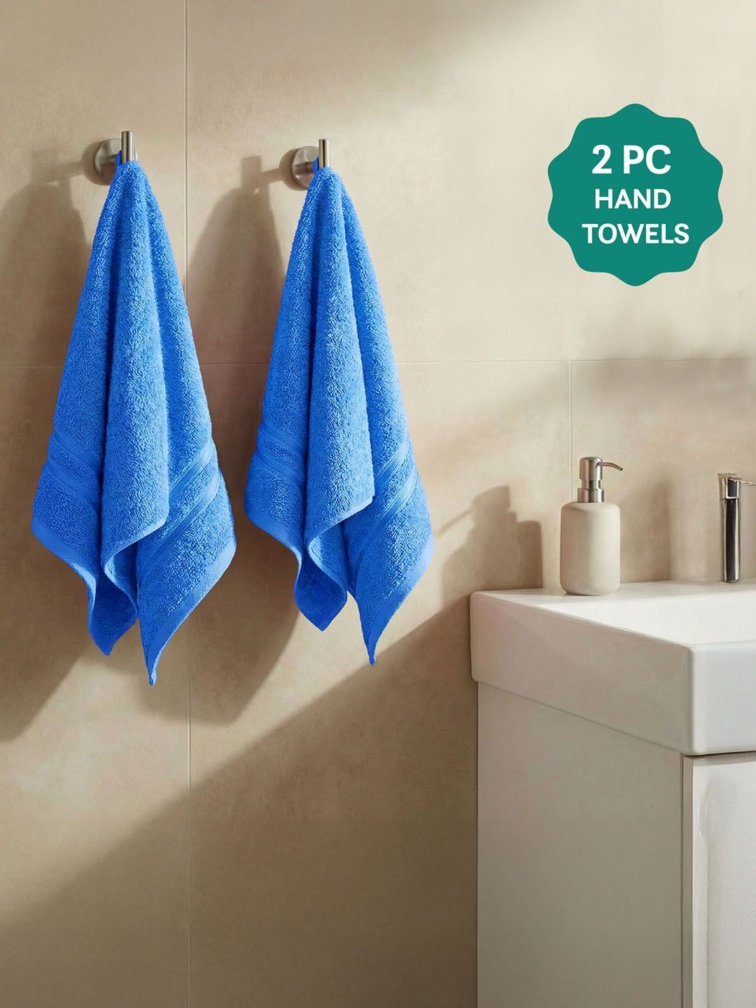 MYTRIDENT 2 Pcs Blue 400 GSM Pure-Cotton Hand Towels