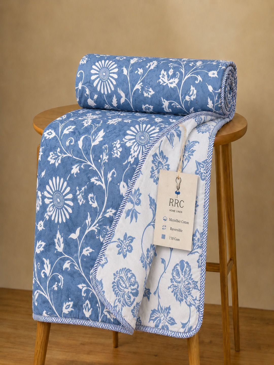 RRC Blue & White Floral Microfiber AC Room 150 GSM Dohar
