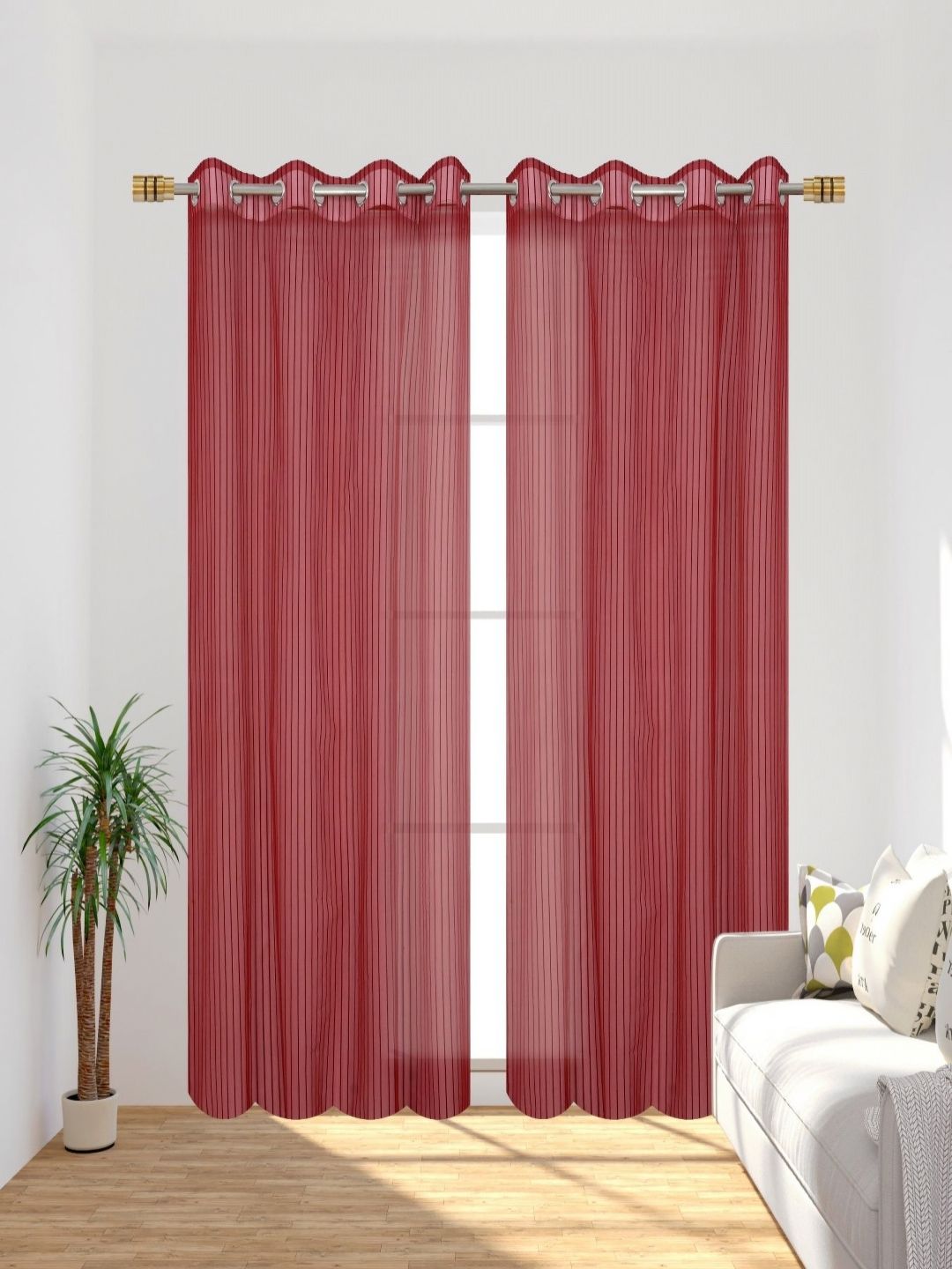 Buy Aura Maroon 2 Pieces Striped Sheer Window Curtains -  - Home for Unisex