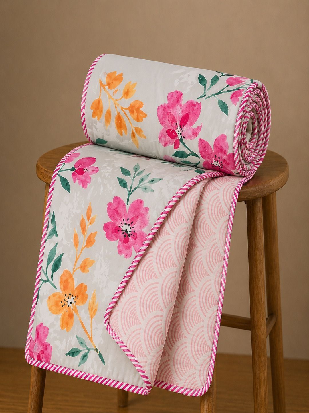 RRC Beige Floral Microfiber Cotton Lightweight AC Room 120 GSM Reversible Single Bed Dohar