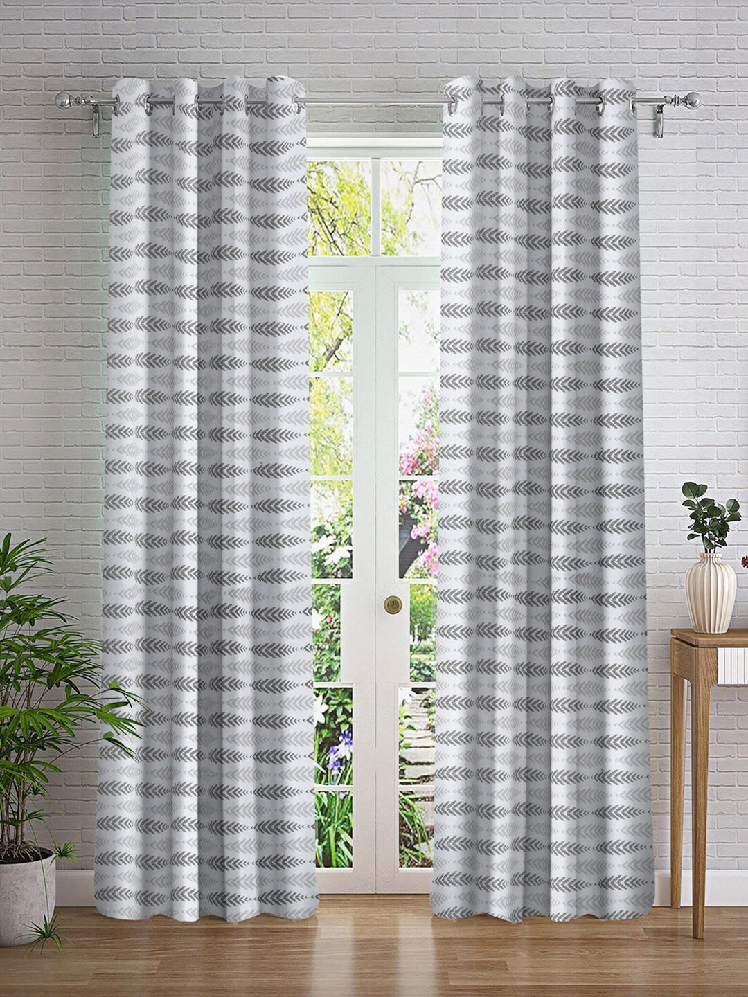 Cortina White & Grey 2 Pieces Floral Printed Long Door Curtain