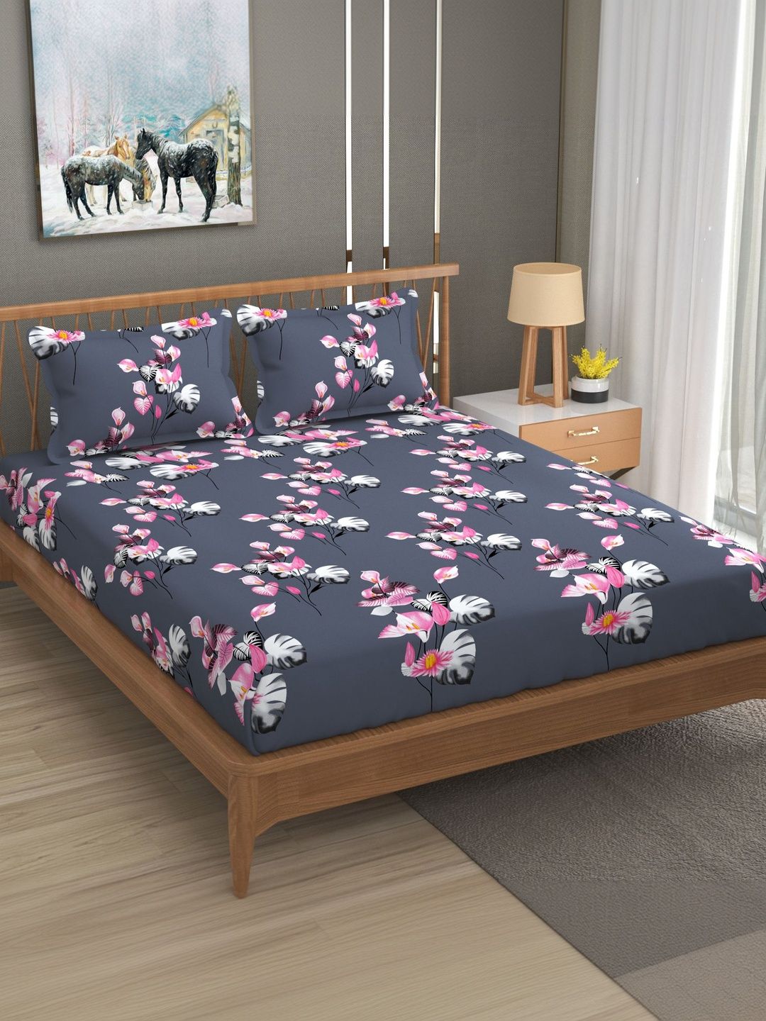 LA VERNE Grey Floral Microfiber 110 TC Fitted Double Queen Bedsheet Set 2.28 m x 2.54 m