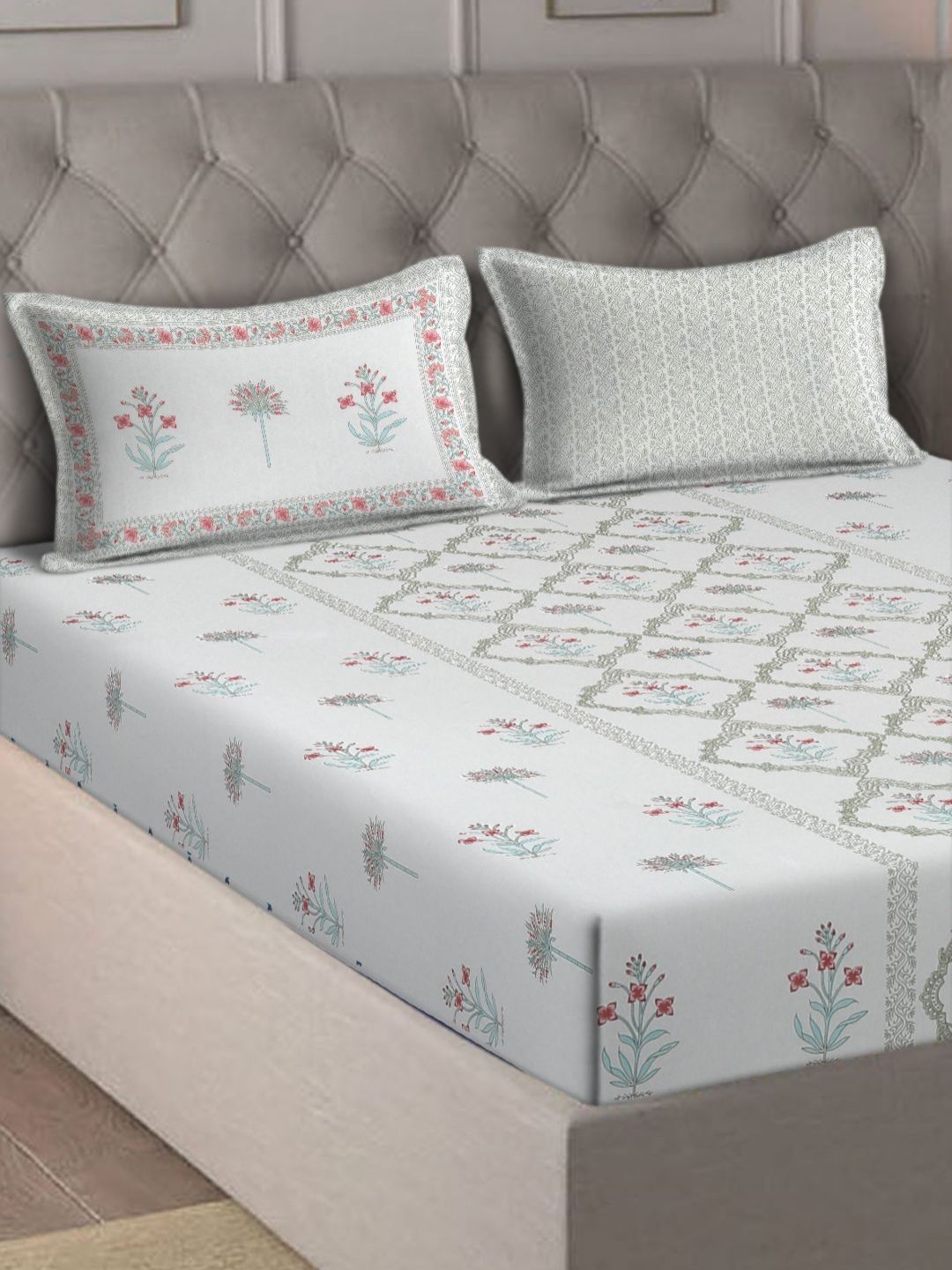 eyda Live Beautiful White Ethnic Motifs Cotton 180 TC Super King Fine Bedsheet with 2 Pillow Covers-98 x 106 inches