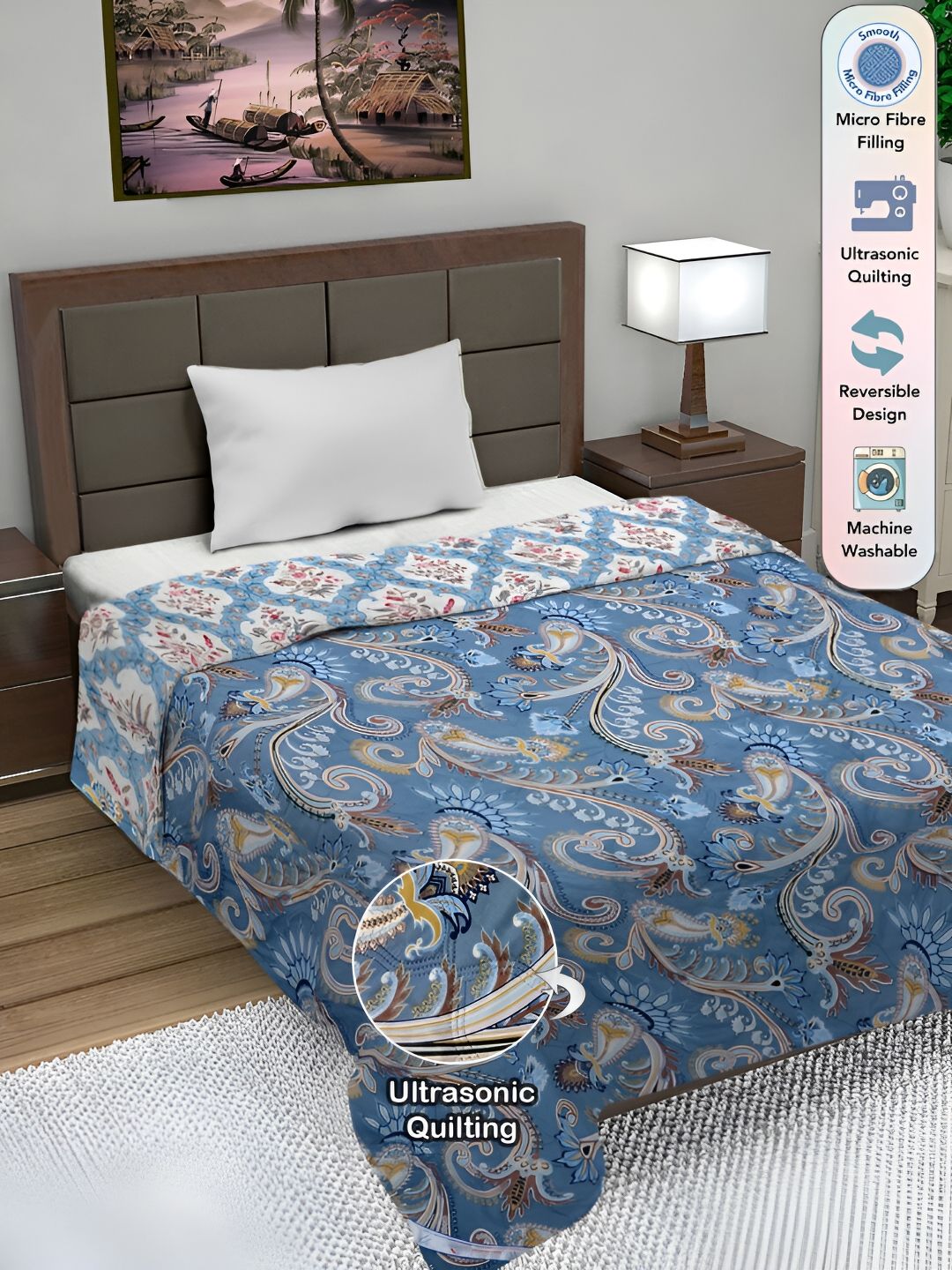 FABINALIV Floral Ultrasonic Quilted Reversible 350 GSM AC Room Single Bed Comforter