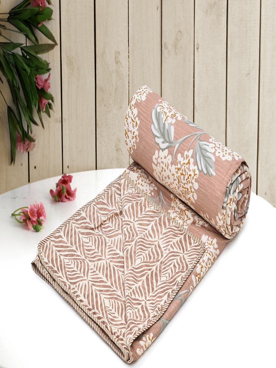 RRC Coral & Cream Floral Printed Microfiber AC Room 150 GSM Single Bed Dohar