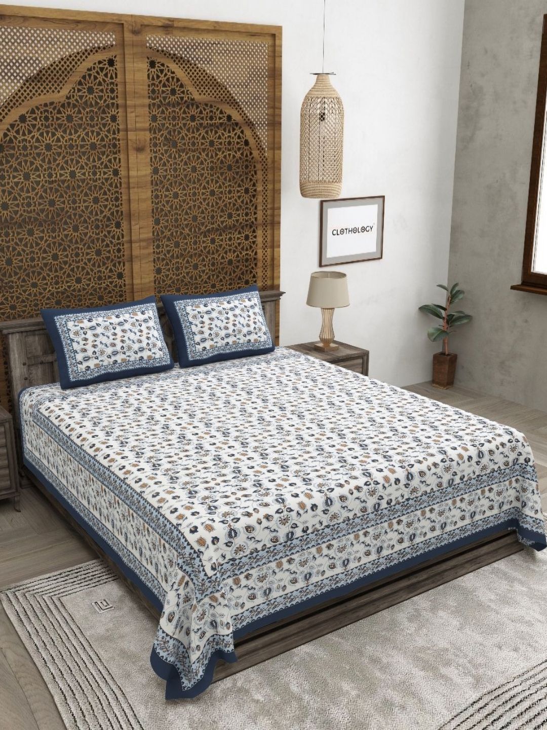 Buy CLOTHOLOGY Royal Blue & Ochre Floral Vine Bagh E Bahar Bedsheet 180 TC Cotton King Bedsheet With 2 Pillow Cover -  - Home for Unisex