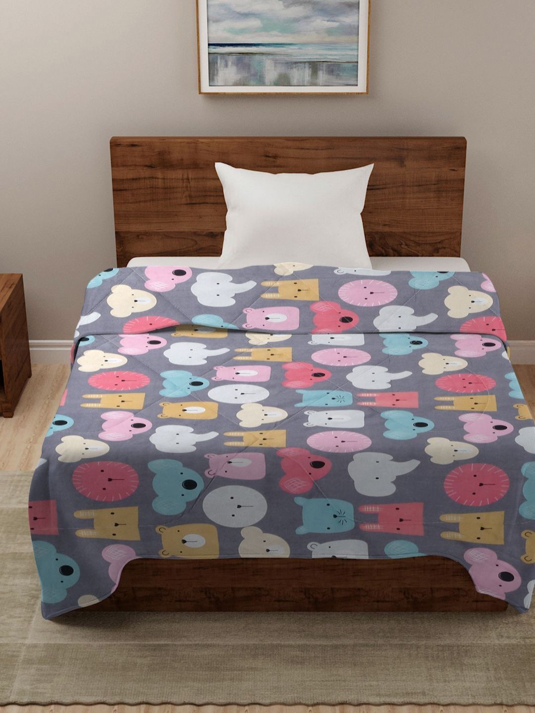 HOSTA HOMES Grey & Pink Cartoon Characters AC Room 210 GSM Reversible Single Bed Comforter