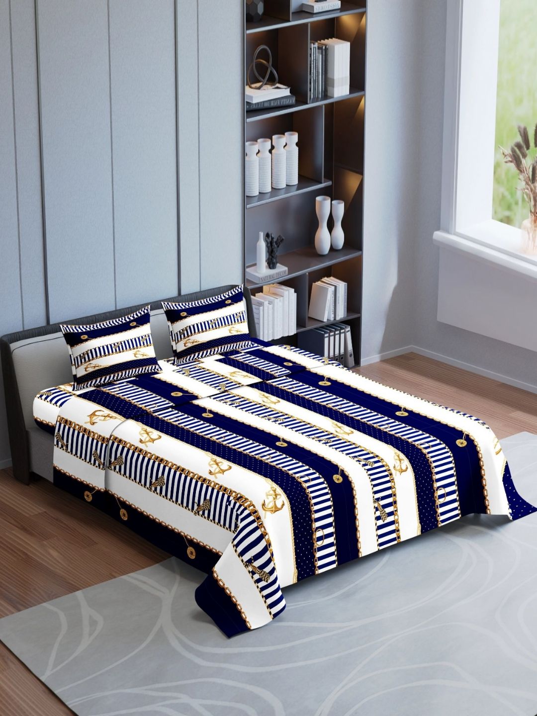 Synergized Cotton Earth Lover Blue Geometric Cotton 180 TC King Fine Bedsheet with 2 Pillow Covers-108 x 108 inches
