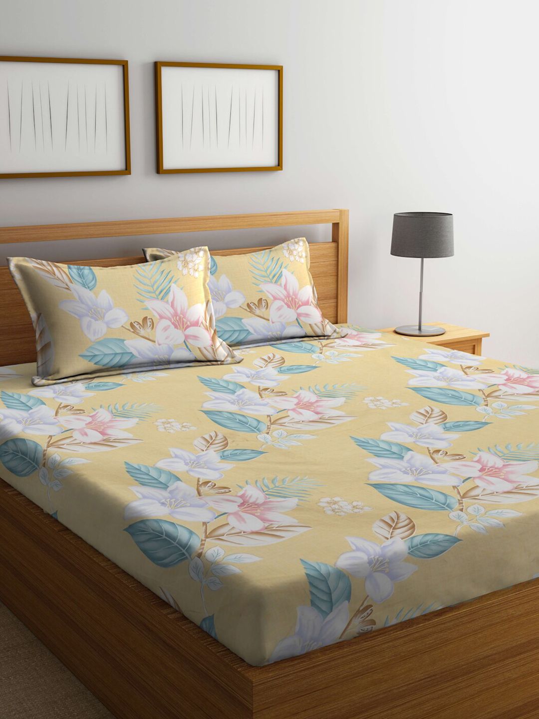 Buy FABINALIV Yellow & Blue Floral Polycotton 300 TC Super King Bedsheet With 2 Pillow Covers -  - Home for Unisex