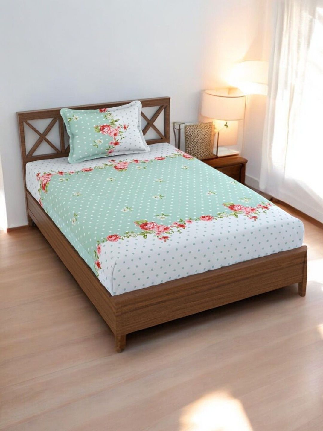 Homybees Green Floral 220 TC Single Bedsheet with 1 Pillow Covers