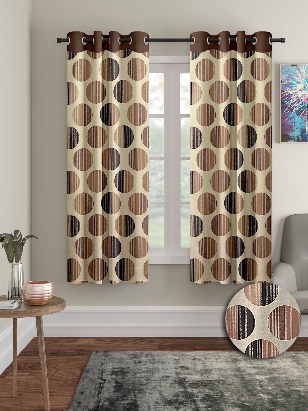 Cortina Brown & Beige 2 Pieces Geometric Printed Window Curtains