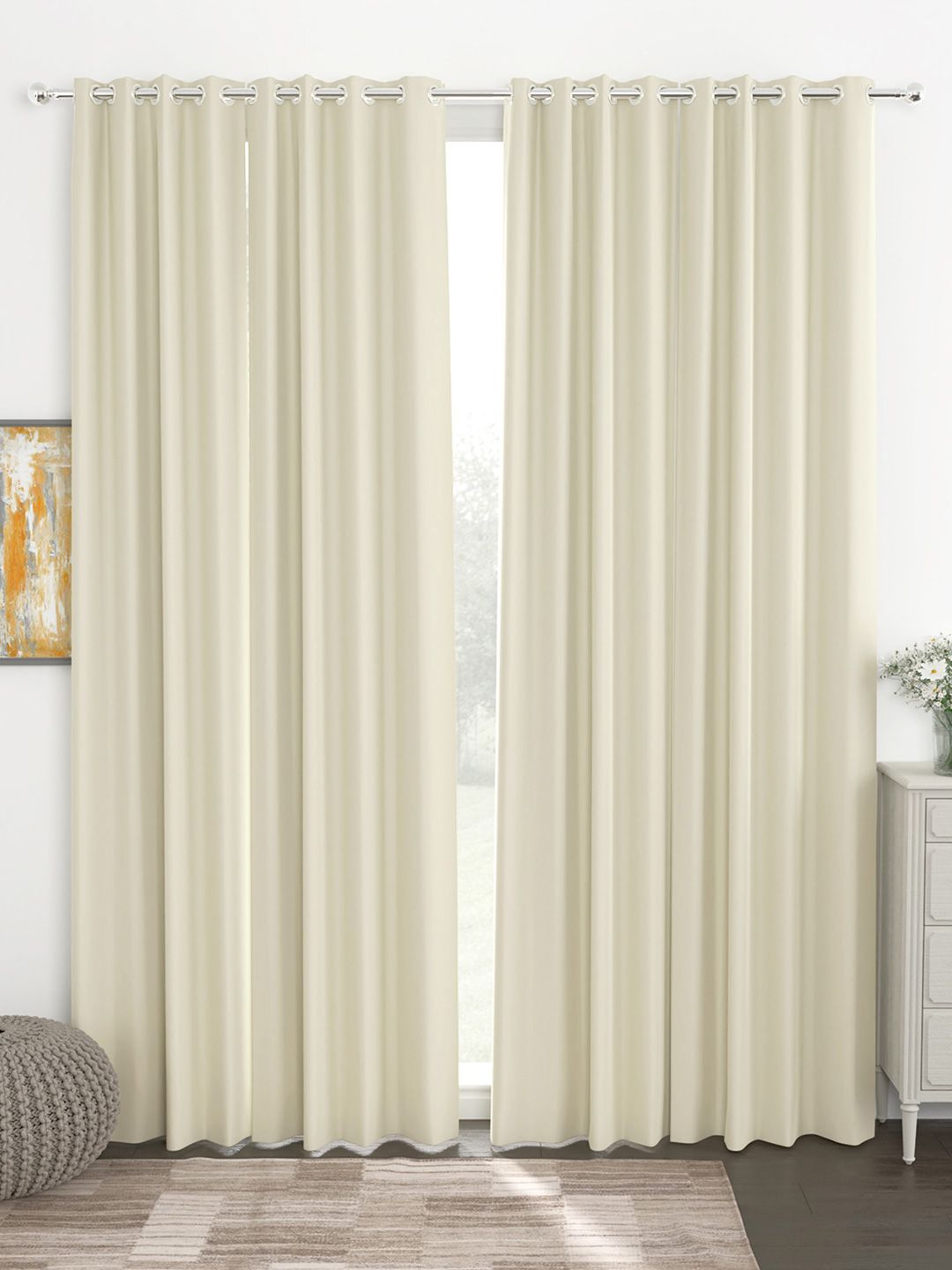 Story@home Faux Silk Solid Beige Room Darkening Blackout Long Door Curtain - Set Of 4