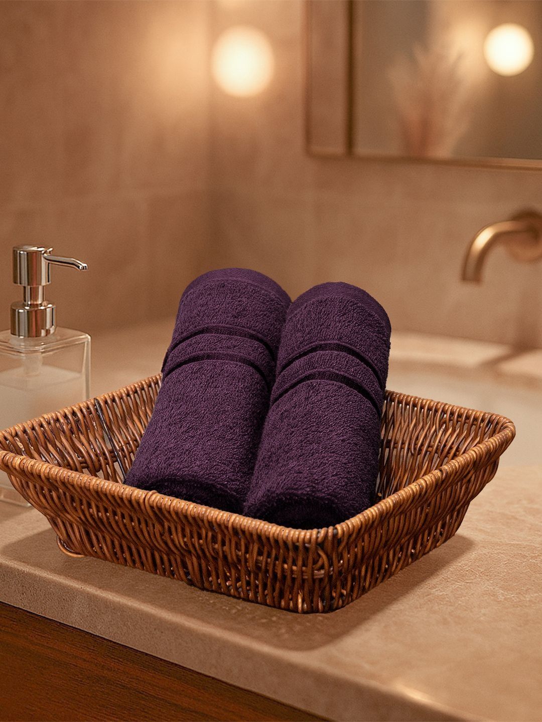 MYTRIDENT 2 Pcs Purple 400 GSM Pure Cotton Hand Towels