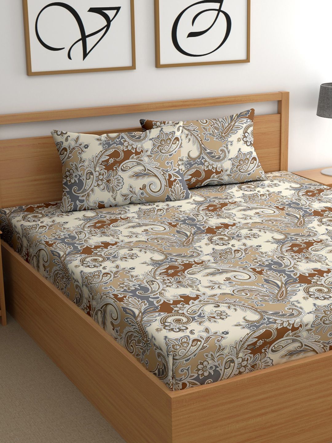 CG HOMES Grey & Beige EthnicMotifs Printed Cotton 200TC Queen Bedsheet Set 2.25 m x 2.50 m