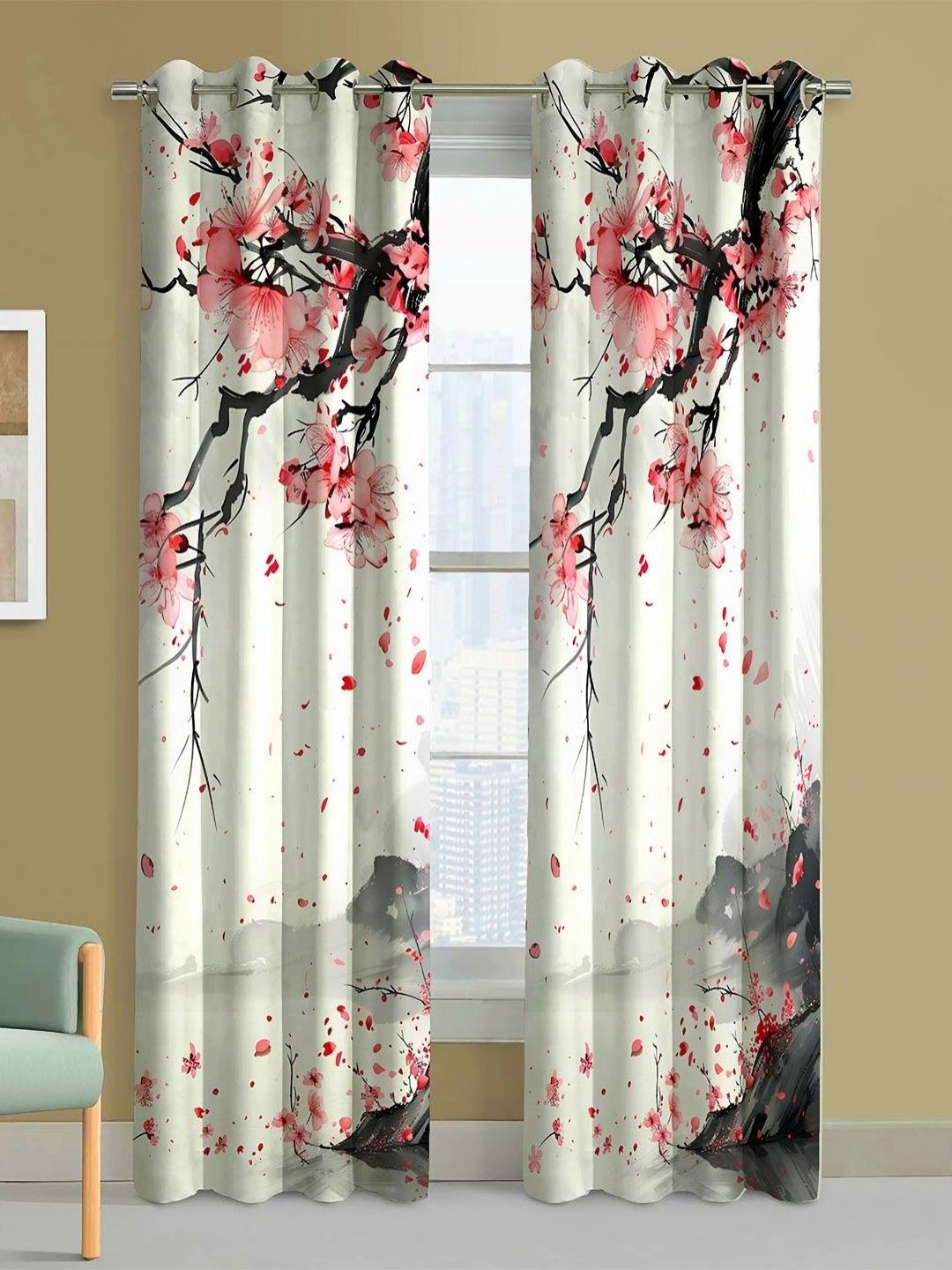 Steve & Anderson Jester White And Pink 2 Pieces Floral Printed Long Door Curtain (9Feet)