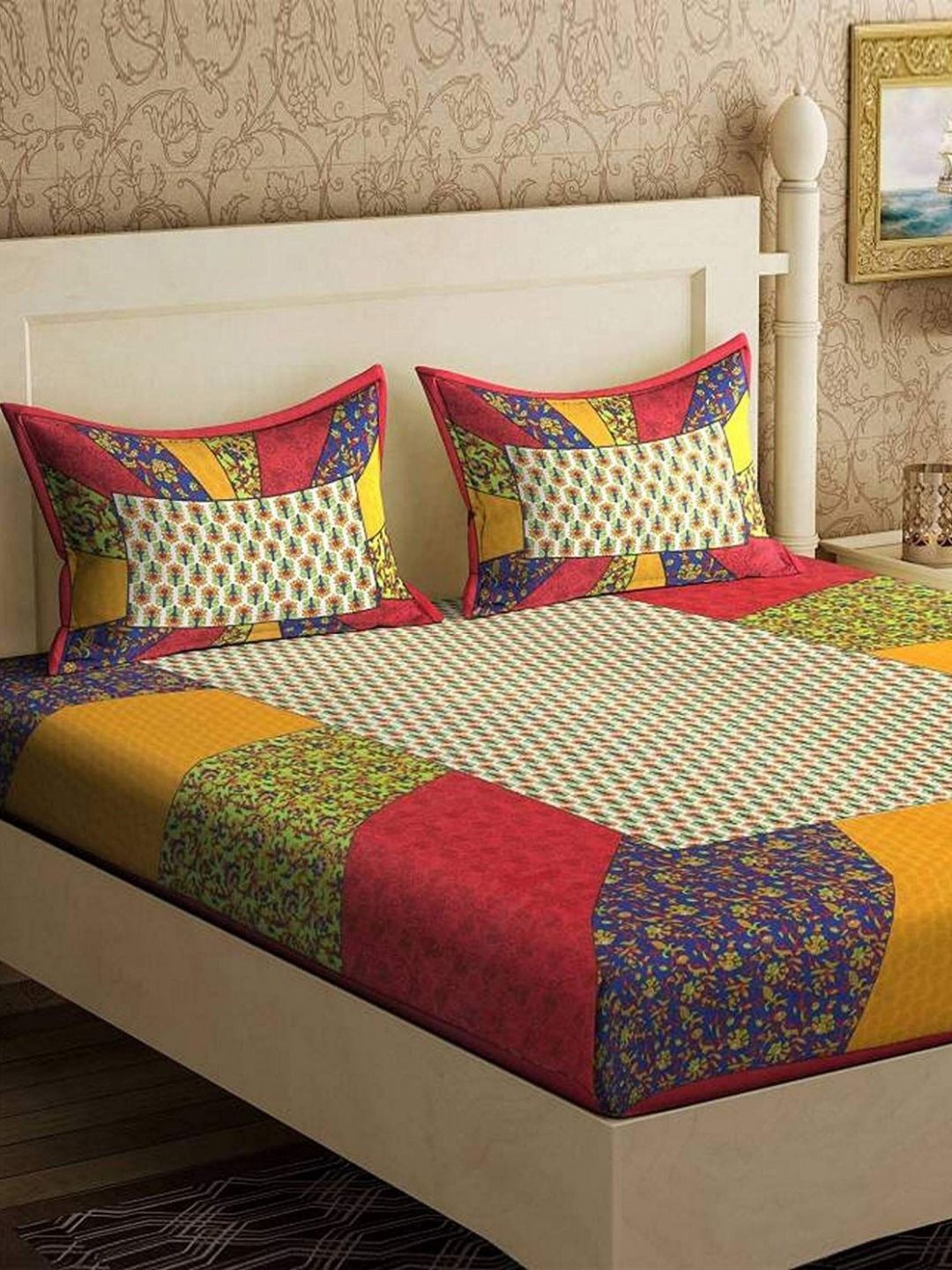 MAGICAL Jaipuri Red Floral Pure Cotton 104 TC Queen Bedsheet with 2 Pillow Covers-93 x 85 inches