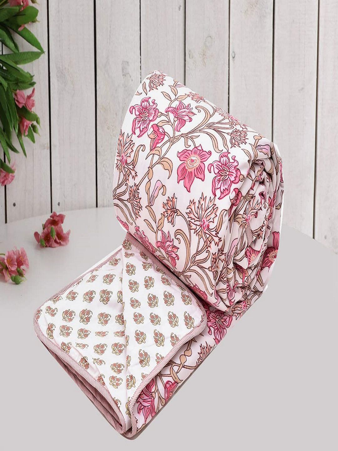 RRC White & Pink Floral AC Room 120 GSM Single Bed Dohar