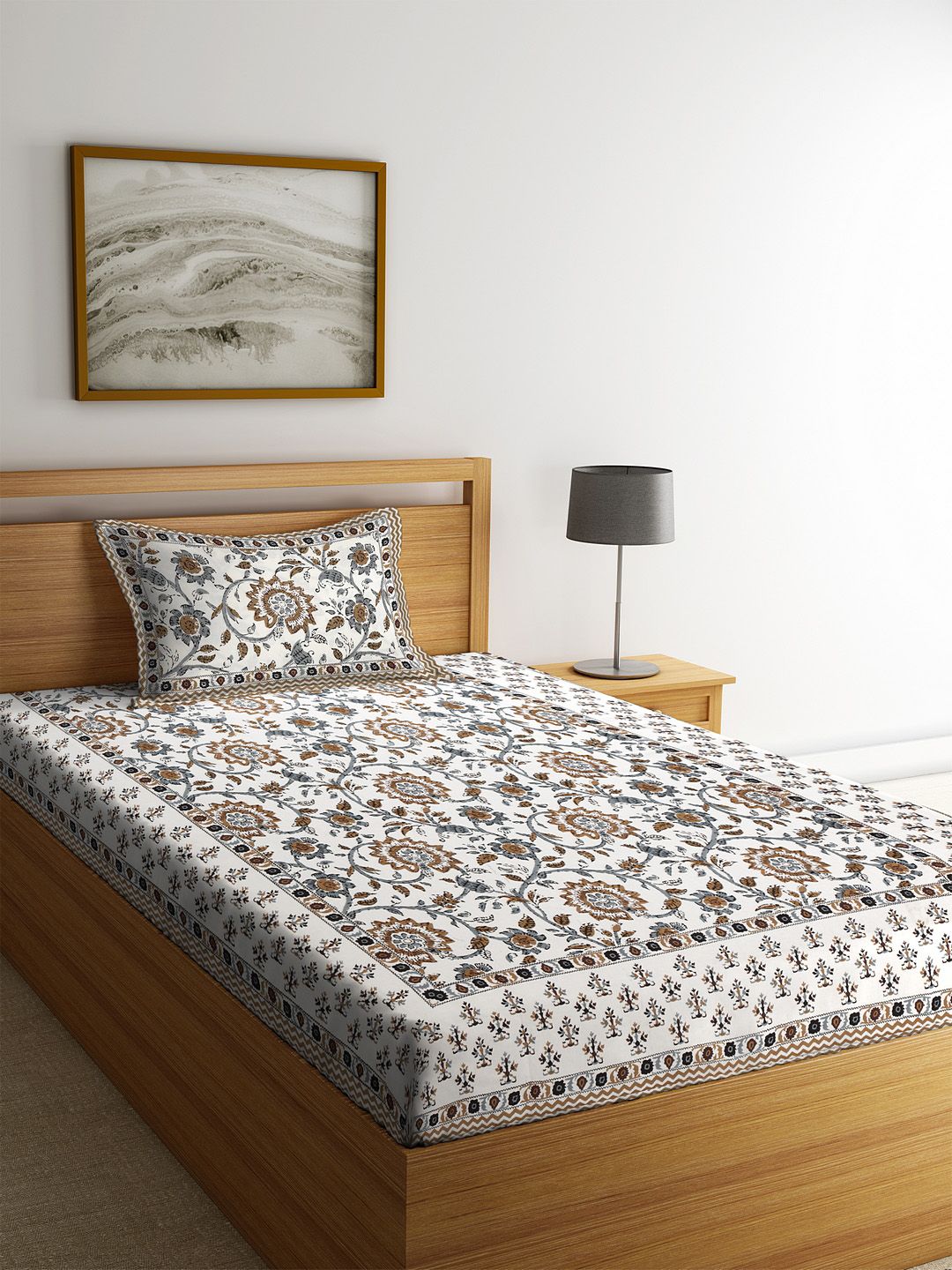 Rajasthan Decor White Floral Cotton Skin-Friendly 144 TC Single Bedsheet with a Pillow Cover-150 x 225 cm