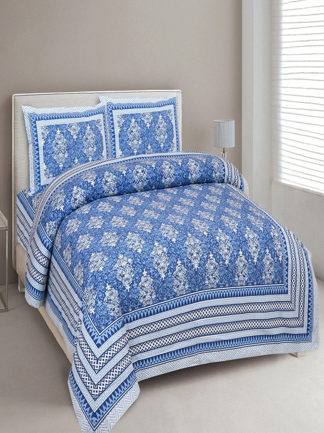 UNIQCHOICE Blue Ethnic Motifs Pure Cotton 180 TC King Fine Bedsheet with 2 Pillow Covers-106 x 89 inches