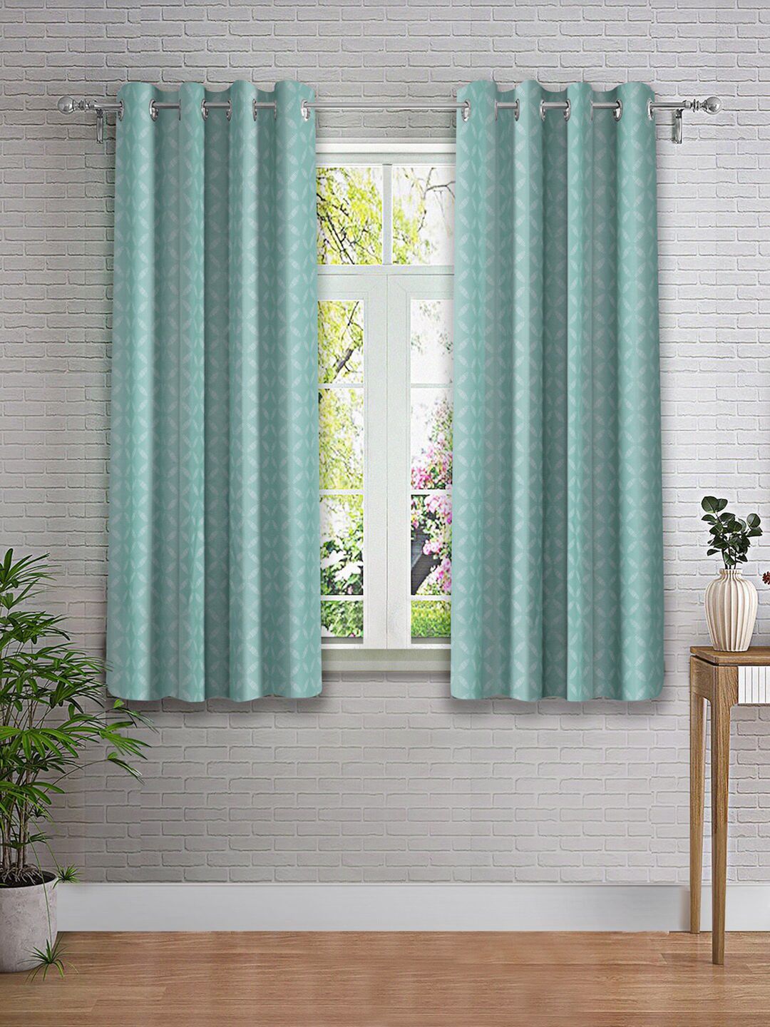 Cortina Turquoise Blue & White 2 Pieces Printed Window Curtain