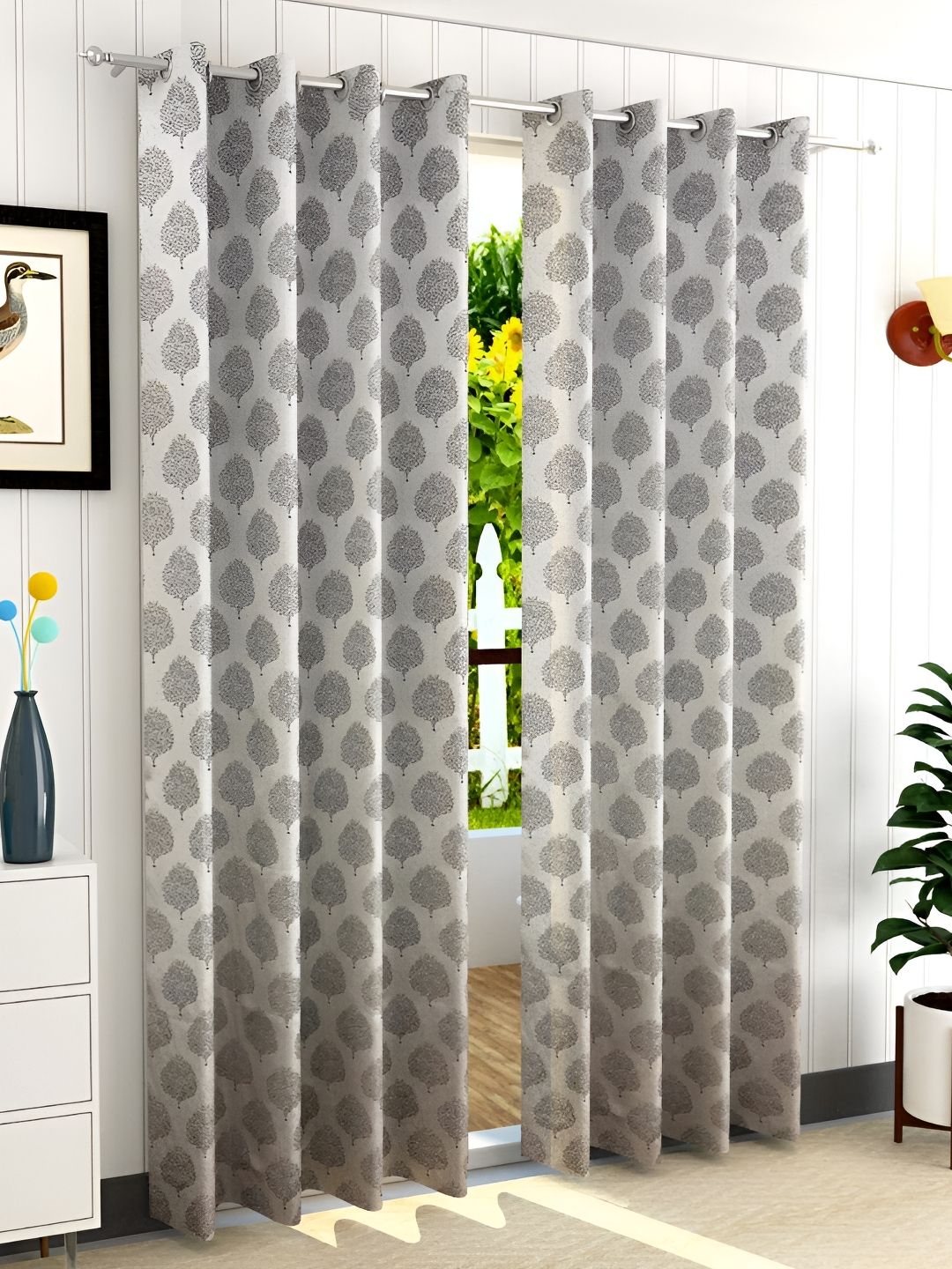 Buy RIDHAAN Brown 2 Pieces Floral Jacquard Eyelet Room Darkening Long Door Curtain -  - Home for Unisex