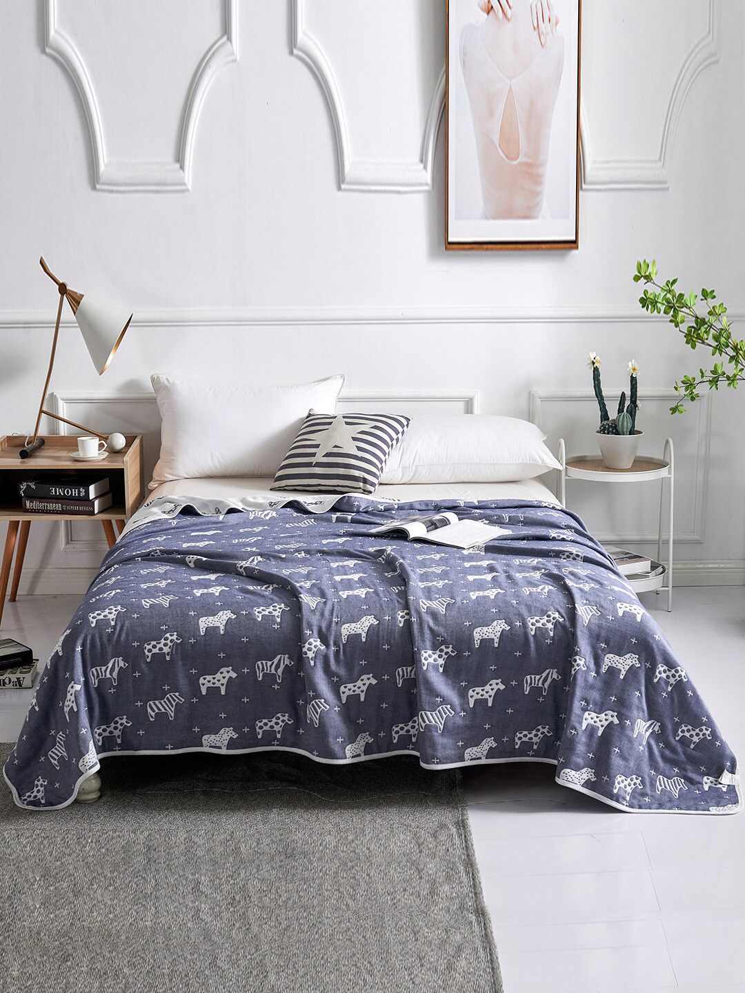 JC HOME Blue & White Summer 350 GSM Double Bed Blanket