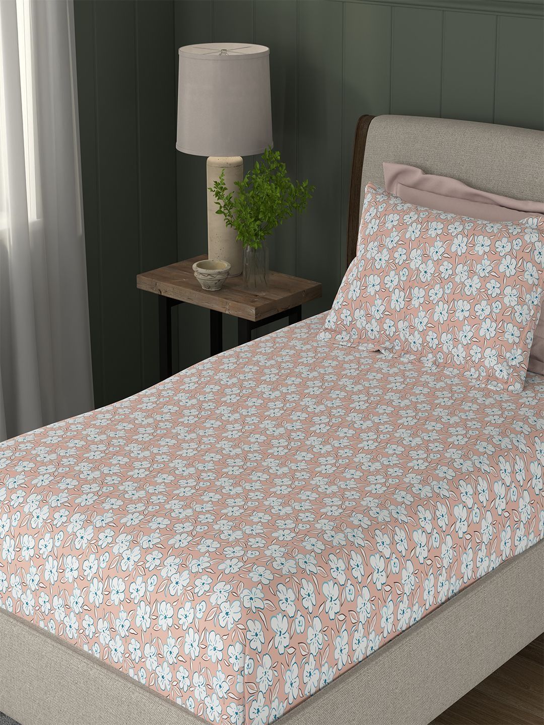 Buy Portico New York Signature Peach Coloured Floral 104 TC Single Bedsheet With 1 Pillow Covers -  - Home for Unisex